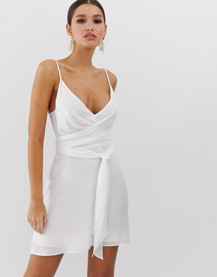 Asos Design Cami Wrap Mini Dress With Tie Waist-white