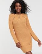Brave Soul Pointelle Sweater Dress In Camel-beige