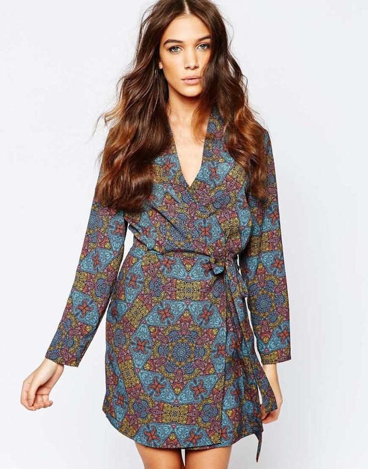 Neon Rose Tile Print Wrap Dress - Multi
