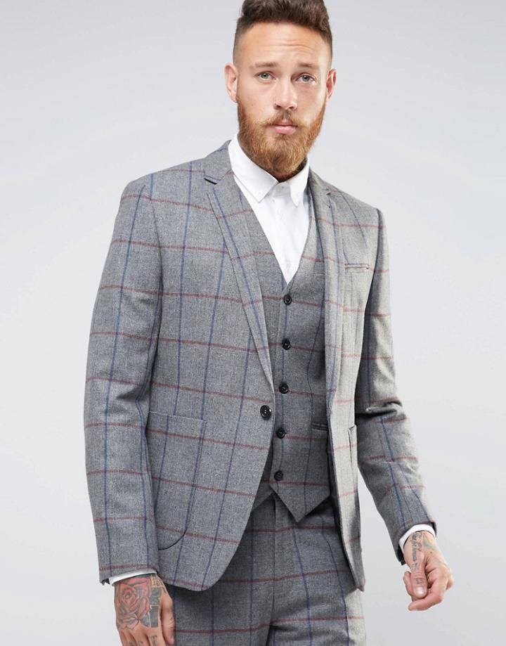 Asos Skinny Suit Jacket In Window Pane Check - Gray