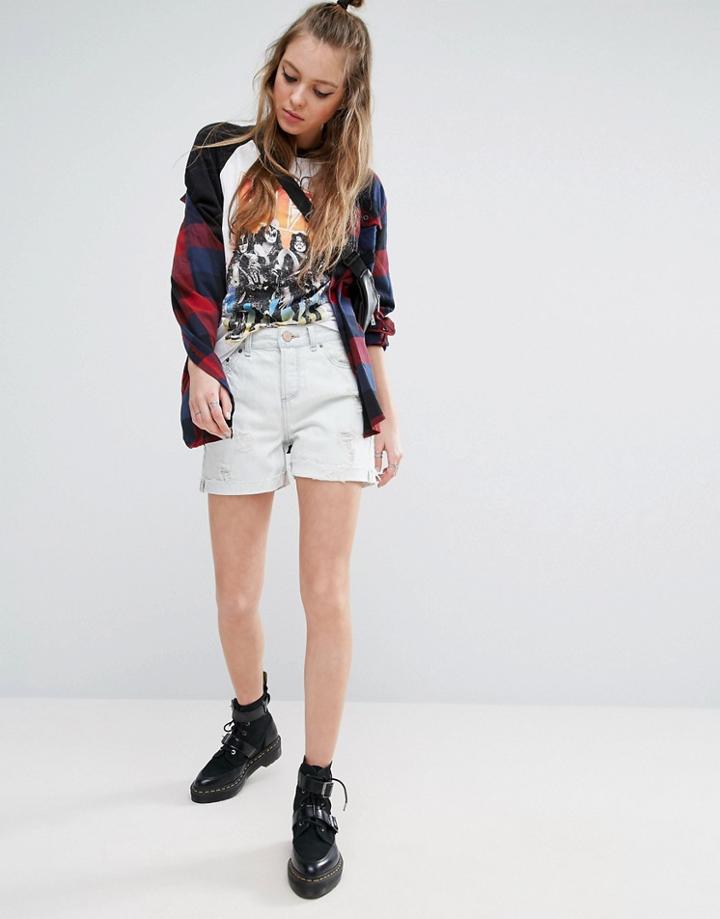 Asos Denim Boyfriend Shorts In Georgia Light Wash Blue With Abrasions - Blue