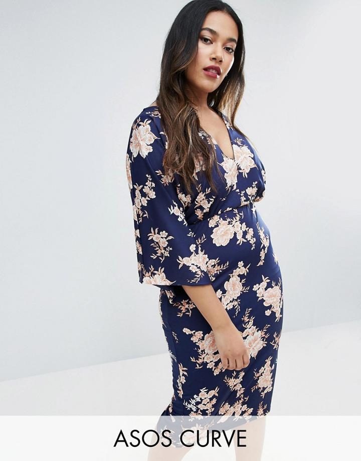 Asos Curve Sketchy Floral Midi Dress With Kimono Sleeve - Multi