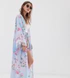 Sisters Of The Tribe Kimono In Ombre Floral Print With Tassle Sleeves - Blue