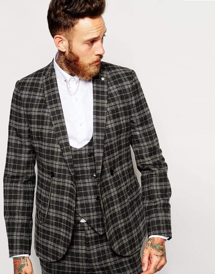Noose & Monkey Wool Check Suit Jacket With Silver Chain In Skinny Fit - Black