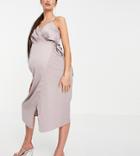 Little Mistress Maternity Satin Wrap Midi Dress In Oyster Gray-grey