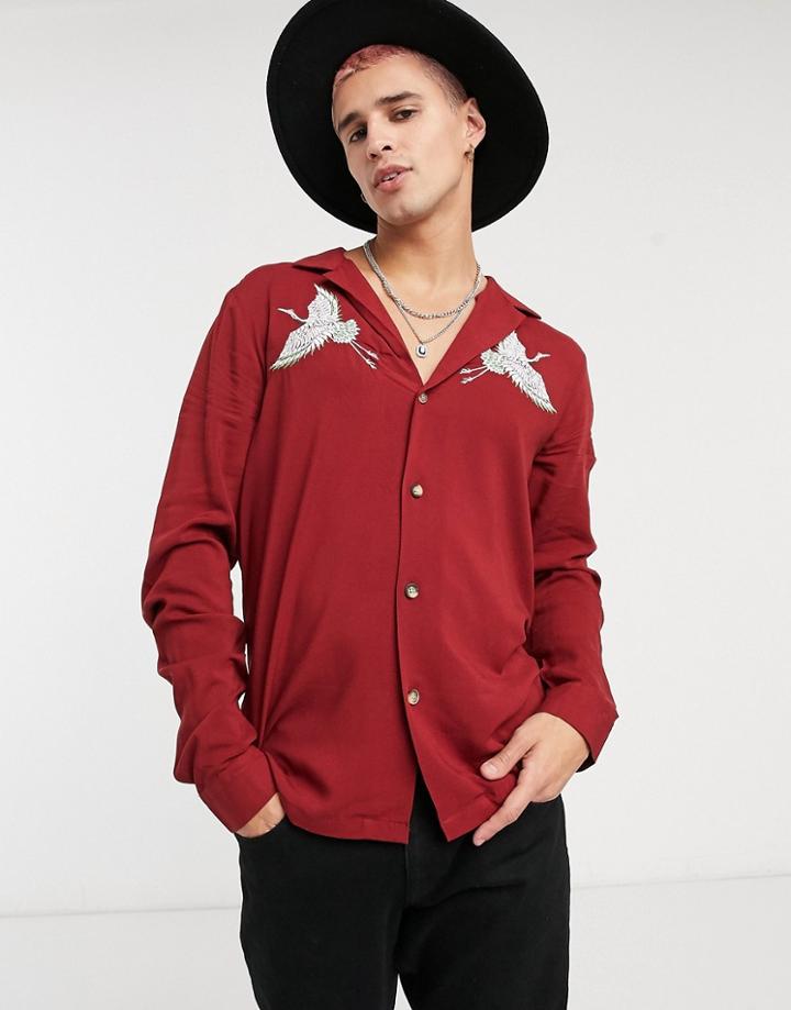 Asos Design Regular Revere Shirt With Crane Chest Embroidery-red