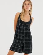 Asos Design Minimal Romper With Knot Back In Black Check Print-multi