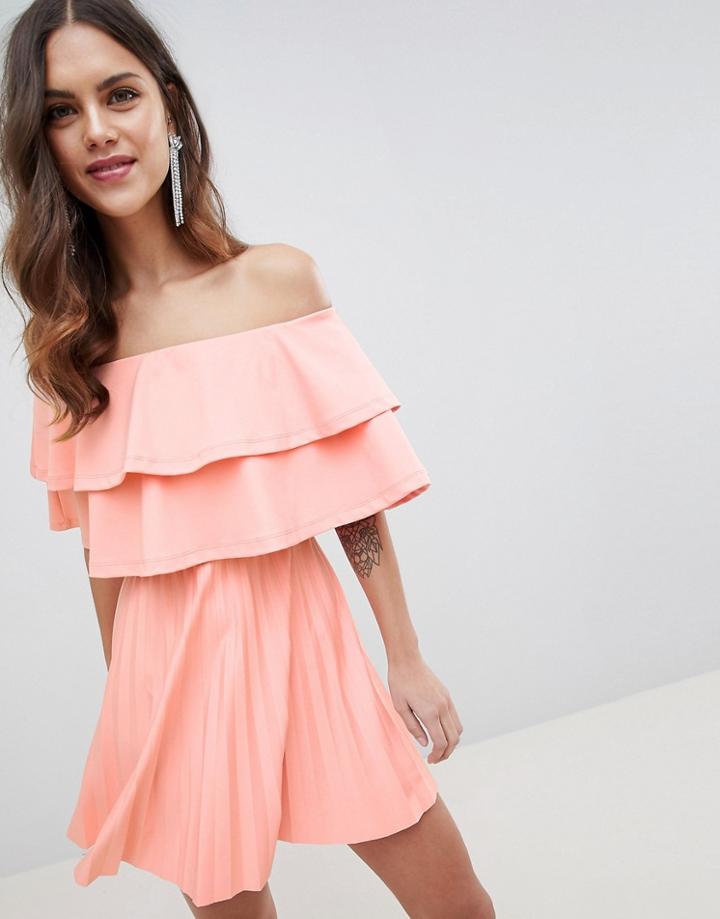 Asos Design Scuba Bardot Double Ruffle Pleated Mini Dress-orange