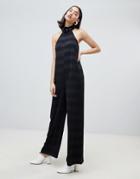 Lost Ink Sleeveless Jumpsuit With Buckle Collar In Tonal Stripe-black