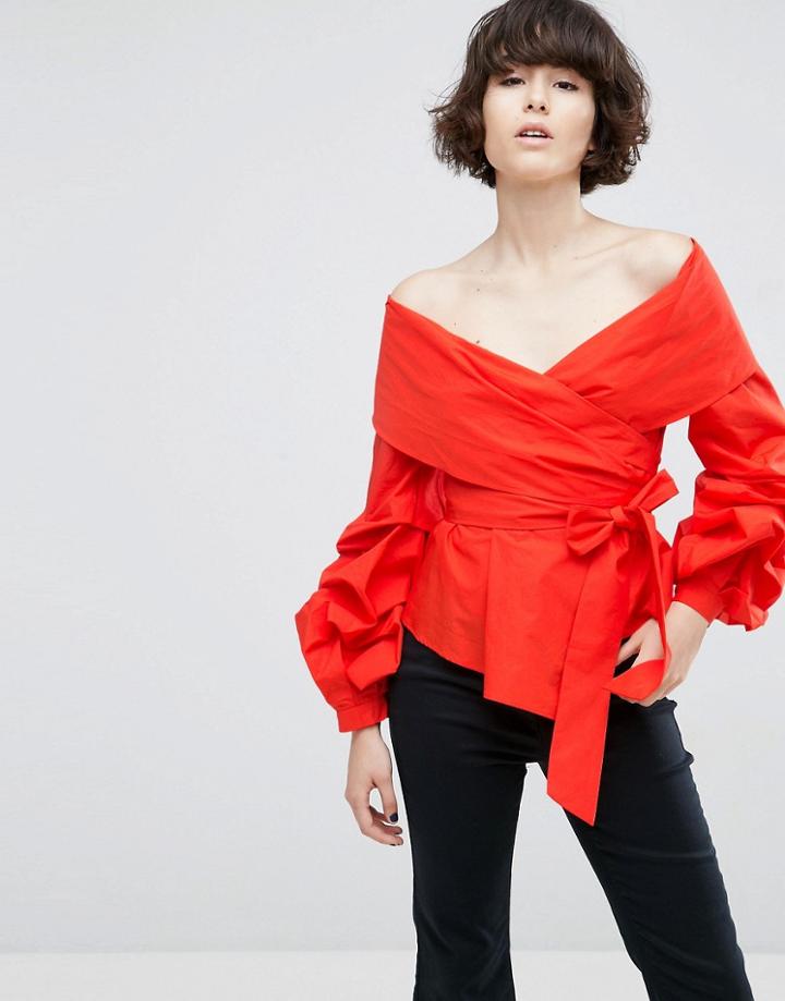 Asos White Off Shoulder Wrap Shirt - Red