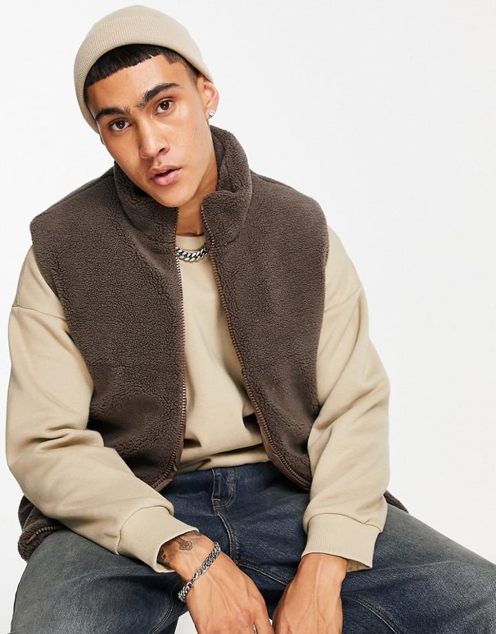 Asos Design Fleece Puffer Vest In Brown
