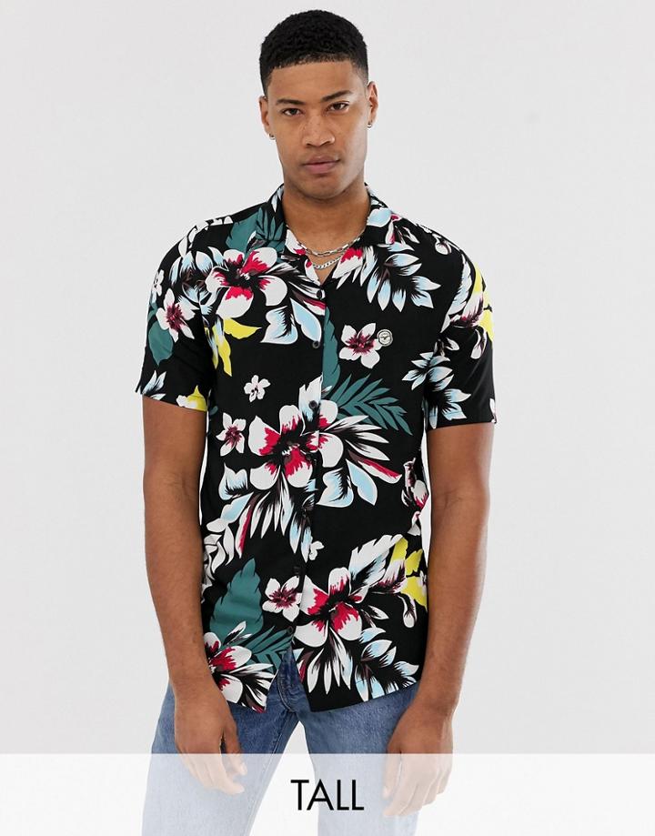 Le Breve Tall Floral Short Sleeve Revere Collar Shirt-black