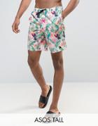 Asos Tall Swim Shorts In Pink Tropical Floral Print With Triangle Logo In Mid Length - Pink
