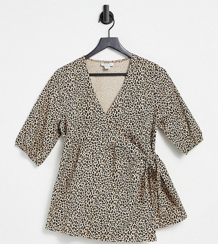 Topshop Maternity Puff Sleeve Animal Print Wrap Blouse In Tan-brown