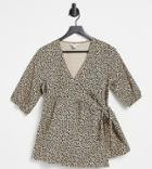 Topshop Maternity Puff Sleeve Animal Print Wrap Blouse In Tan-brown