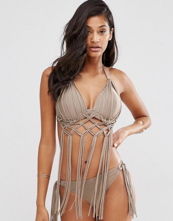 Asos Fuller Bust Exclusive Macrame Fringed Molded Bikini Top Dd-g - Toffee Mink