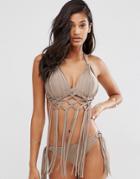 Asos Fuller Bust Exclusive Macrame Fringed Molded Bikini Top Dd-g - Toffee Mink