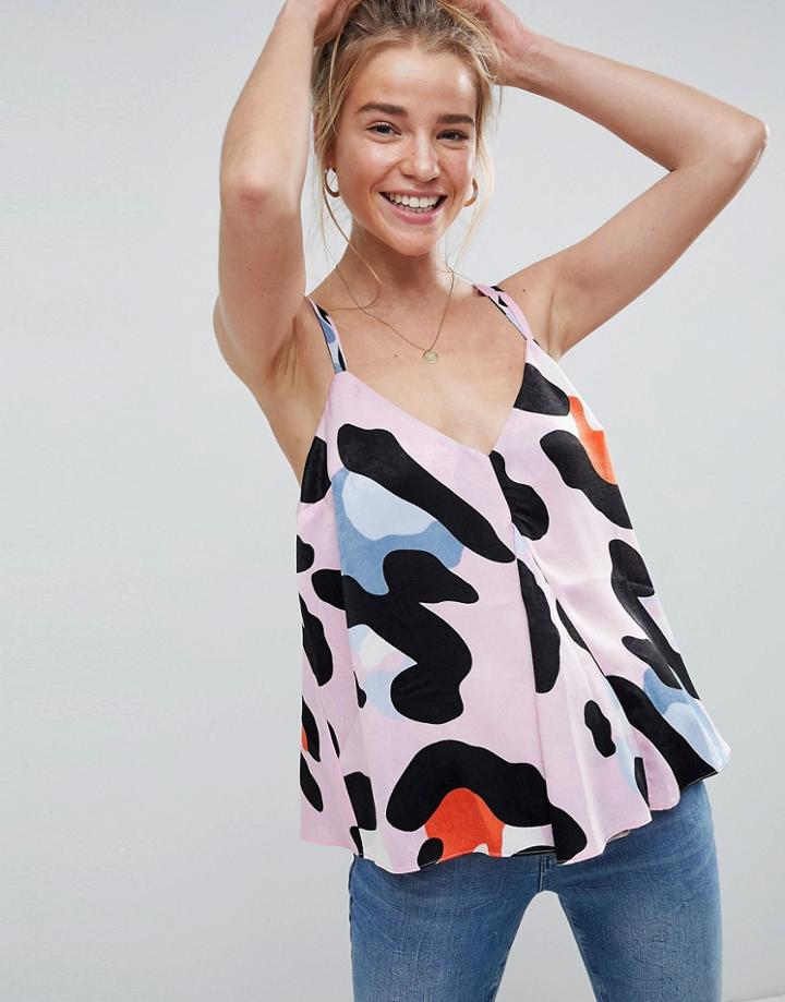 Asos Design Swing Satin Cami In Abstract Animal-multi