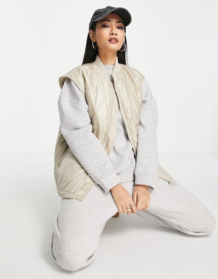 Topshop Quilted Oversized Liner Vest In Ecru-white