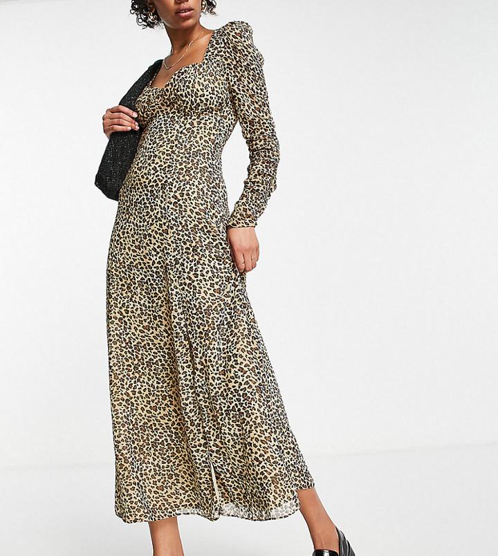Asos Design Tall Square Neck Ruched Button Front Midi Tea Dress In Animal Print-multi