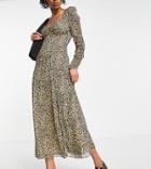 Asos Design Tall Square Neck Ruched Button Front Midi Tea Dress In Animal Print-multi