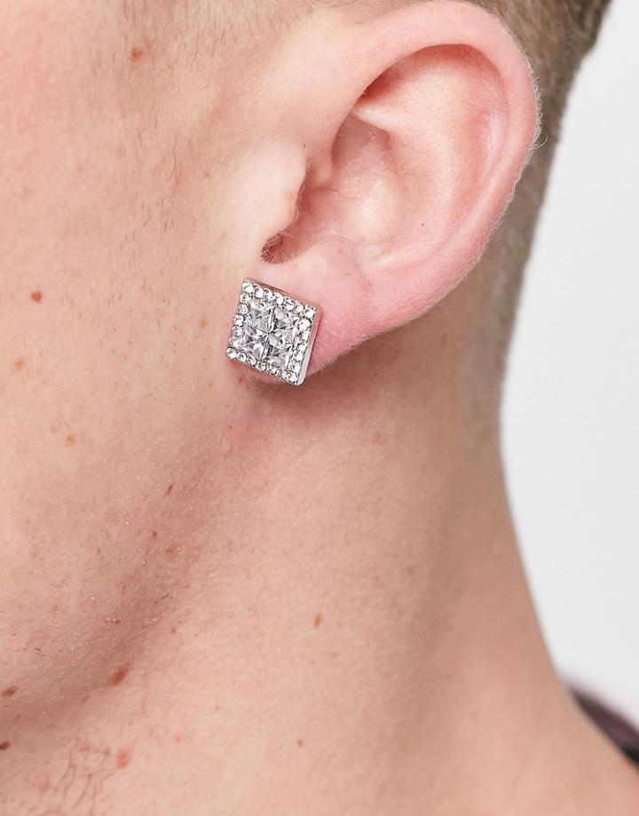 Asos Design Square Stud Earrings With Ice Crystals-silver