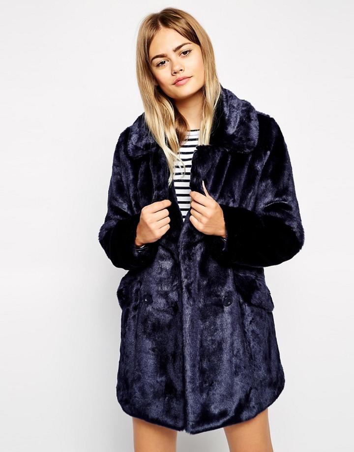 Asos Faux Fur Pea Coat - Navy