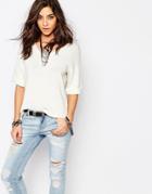 Noisy May V Neck Sweater With Roll Sleeve - White