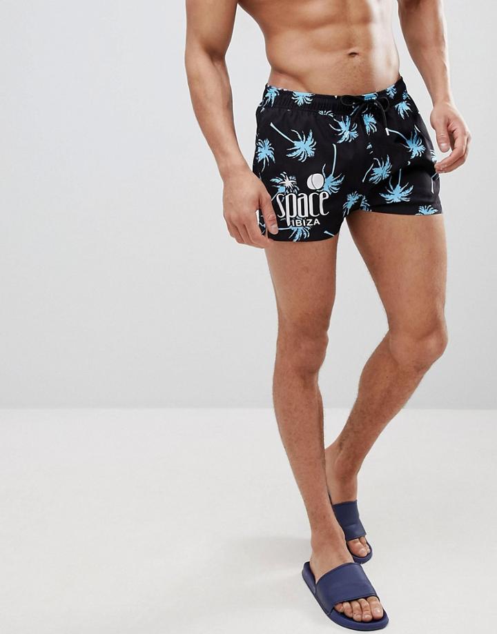 Asos Design Two-piece Swim Shorts With Space Ibiza & Palm Print In Super Short Length - Blue