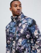 Boohooman Puffer Jacket In Floral Print - Navy