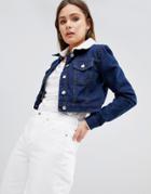 Parisian Crop Denim Jacket With Fleece Collar - Blue