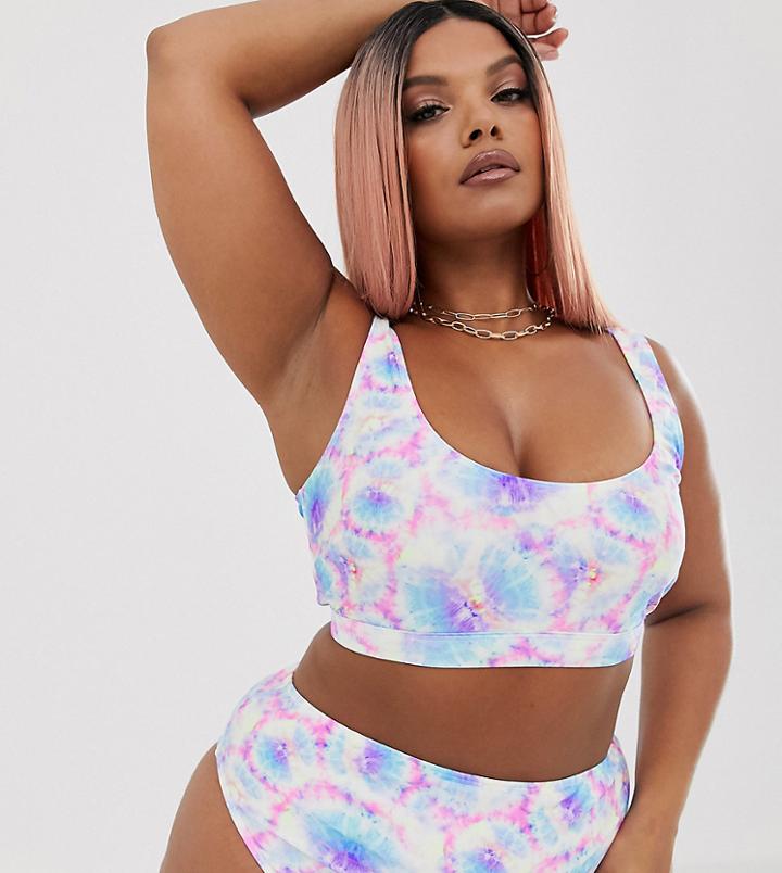 Asos Design Curve Mix And Match Crop Bikini Top In Neon Tie Dye - Multi