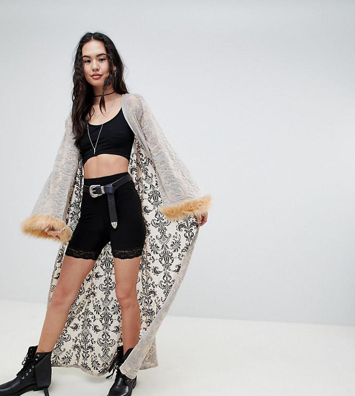 Rokoko Maxi Velvet Burnout Kimono With Faux Fur Trim - Cream