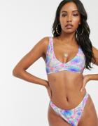 Asos Design Mix And Match Minimal Plunge Bikini Top In Neon Tie Dye - Multi