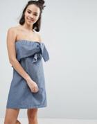 Asos Denim Strapless Dress With Knot Front In Midwash Blue - Blue