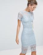 Bodyfrock Bodycon Lace Midi Dress With Cape Sleeve And Lace Trim - Blue
