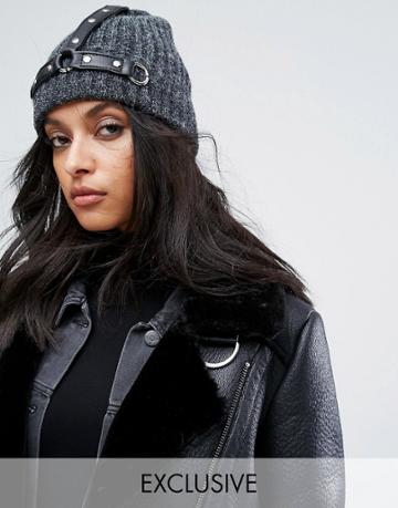 Shikumi Knitted Beanie With Stud And Ring Detail - Black