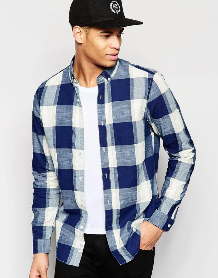 Pull & Bear Checked Shirt In Blue Regular Fit - Indigo