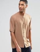 Asos Collarless Shirt In Camel With Half Sleeve In Regular Fit - Stone