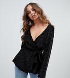 Missguided Striped Velour Wrap Top In Black - Black