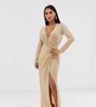 Flounce London Petite Sequin Stretch Maxi Dress In Gold