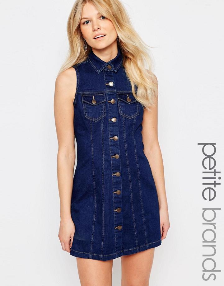 New Look Petite Button Through Denim Dress - Blue