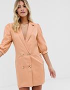 In The Style Puff Sleeve Tuxedo Blazer Dress In Taupe - Brown