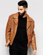 Asos Leather Jacket With Suede Fringe Detailing In Tan - Tan