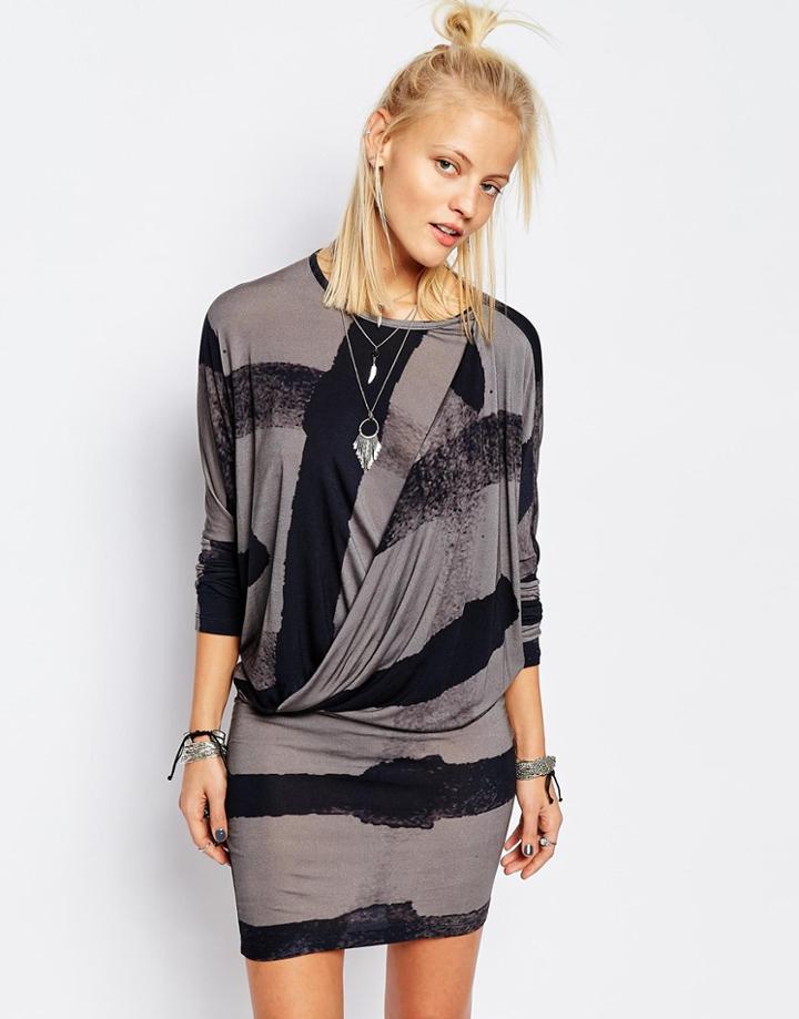 Religion Drape Front Dress With Abstract Print - Dark Gray