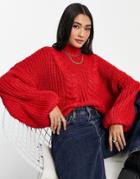 Vero Moda Wool Chunky Knit Sweater With High Neck And Balloon Sleeve In Red