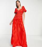 Asos Design Tall Puff Sleeve Lace Trim Pleated Skater Dress In Bright Red-multi