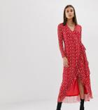 Na-kd Flower Print Frill Wrap Dress In Red - Red