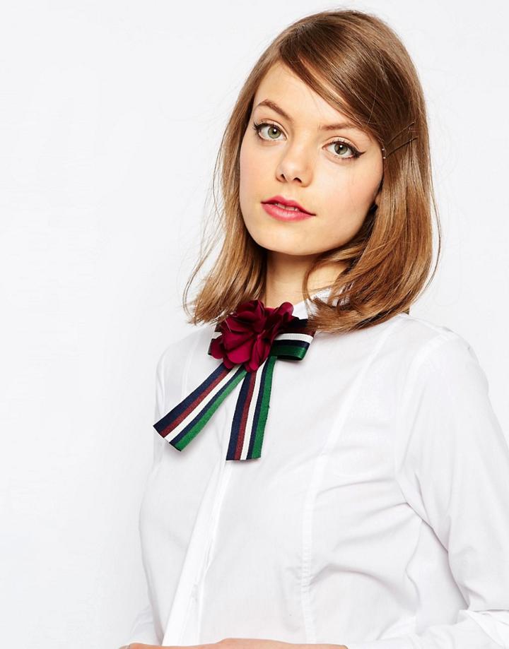 Asos Stripe Bow Neck Tie With Flower - Multi