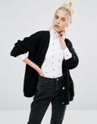 Lazy Oaf College Cardigan In Knitted Rib With Bad Habit Back - Black